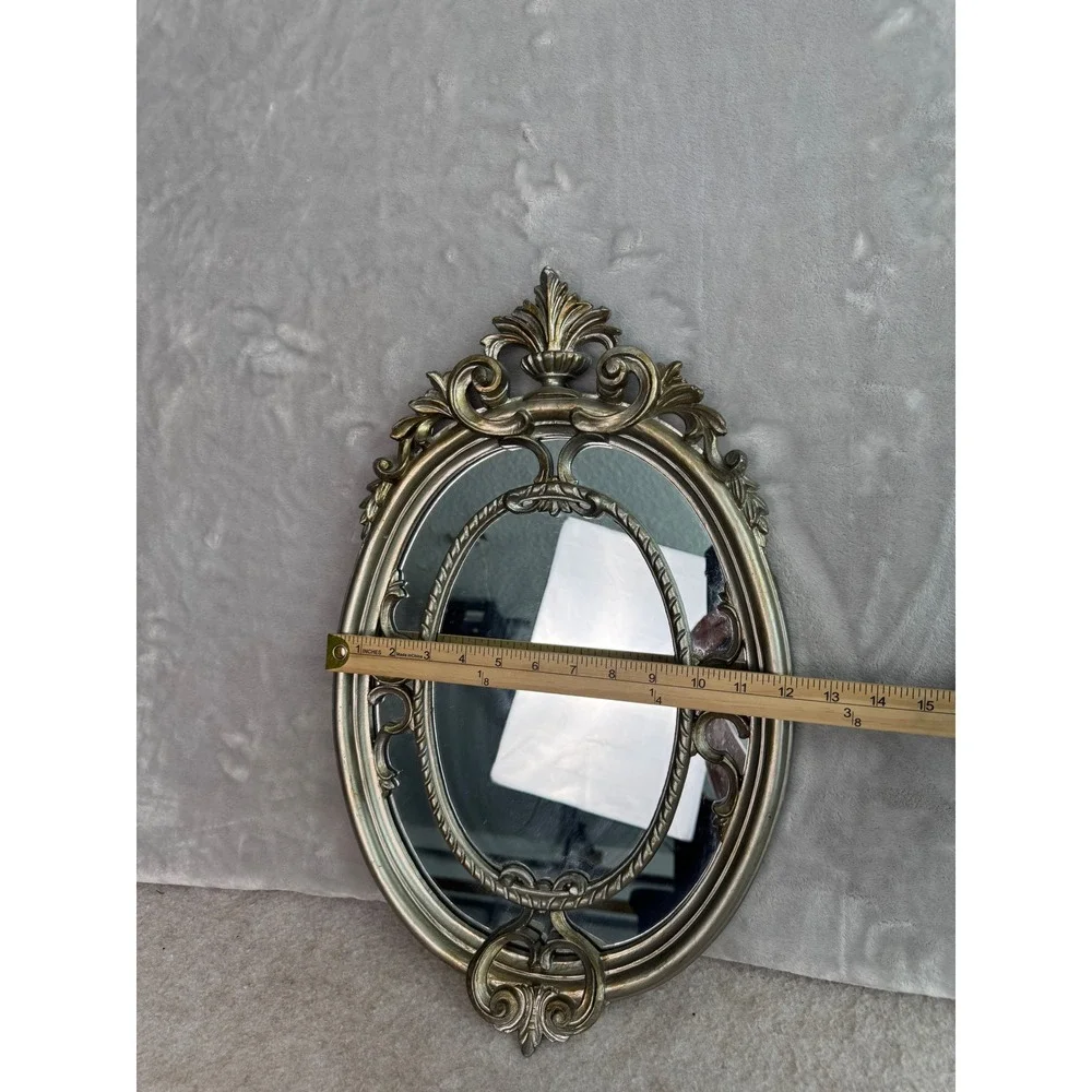Vintage Ornate Oval Mirror Antique Silver Italy Baroque Scrollwork 18.5x11.5